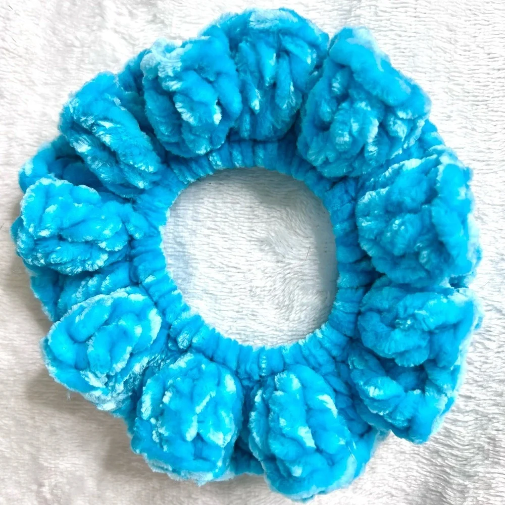 Handmade Crochet VELVET Ice Blue Large Hair Scrunchie Ice Princess PinkRainCloud